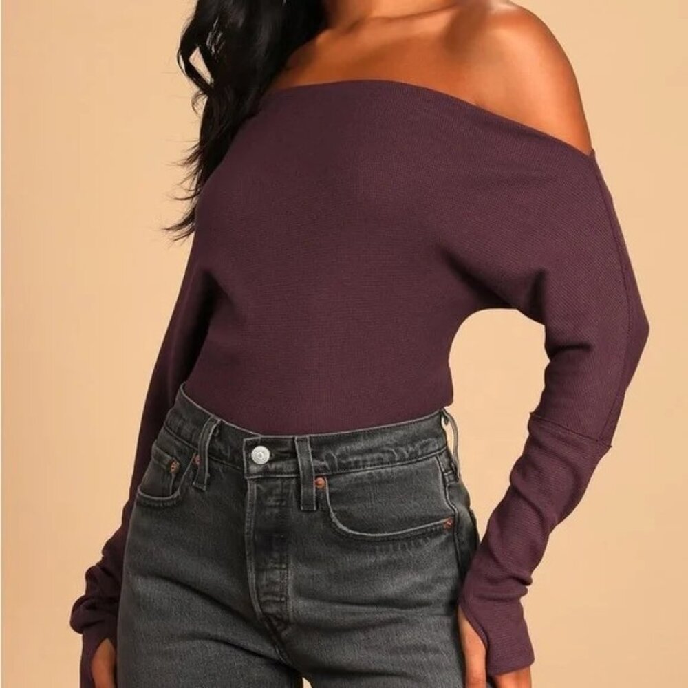 Free People We The Free Fuji Thermal Top Plum Off Shoulder Long Sleeve SZ M